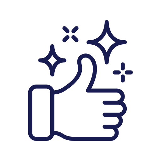 Icoon van een hand die een duim omhoog steekt met glitters eromheen, afgebeeld in een eenvoudige lijnstijl met paarse kleur.