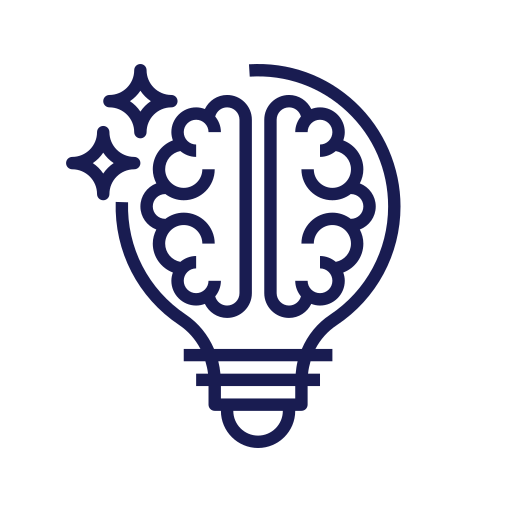 Icoon van een gloeilamp gecombineerd met hersenen, afgebeeld in paars met fonkelende accenten, die creativiteit of innovatie vertegenwoordigen.