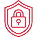 Rood en zwart pictogram van een schild met een hangslot in het midden, dat veiligheid of bescherming vertegenwoordigt.