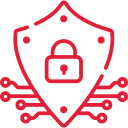 Rood-wit pictogram met een schild met een digitaal slot en circuitlijnen, die cyberveiligheid of digitale bescherming symboliseren.