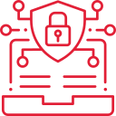 Pictogram dat cyberbeveiliging afbeeldt: een schild met een slot in het midden, omgeven door circuitlijnen en verbindingspunten.