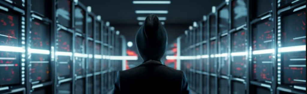 Een persoon in een zwart pak, gespecialiseerd in cyberbeveiligingscomponenten.