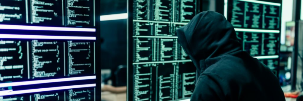 Persoon gespecialiseerd in cyberbeveiliging, die in een kap naar meerdere schermen met coderegels kijkt in een slecht verlichte kamer.