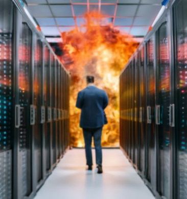 Een man in pak staat in het gangpad van een datacenter, terwijl er aan de andere kant tussen serverracks een explosie plaatsvindt, wat het cruciale aspect van cyberbeveiliging benadrukt.