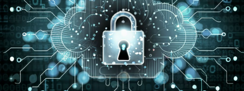 Digitale afbeelding van een hangslot dat cyberveiligheid symboliseert, omgeven door abstracte technologie en cyberveiligheidsbeschermingselementen.