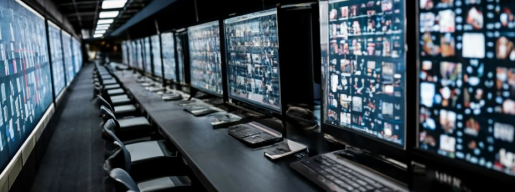Een rij werkstations met meerdere computerschermen waarop verschillende gegevens worden weergegeven, opgesteld in een slecht verlichte, moderne controlekamer met een onbeveiligde poort.