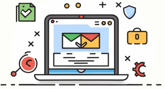 Illustratie van een laptop met een e-mailinterface, omringd door pictogrammen die beveiliging, SEO en zakelijke tools symboliseren.