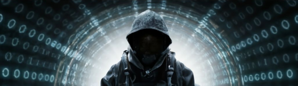 Een persoon in een jas met capuchon staat voor een tunnel met binaire codecijfers op de muren, terwijl er helder licht van achteren komt, wat de sfeer oproept van een naderende hack.