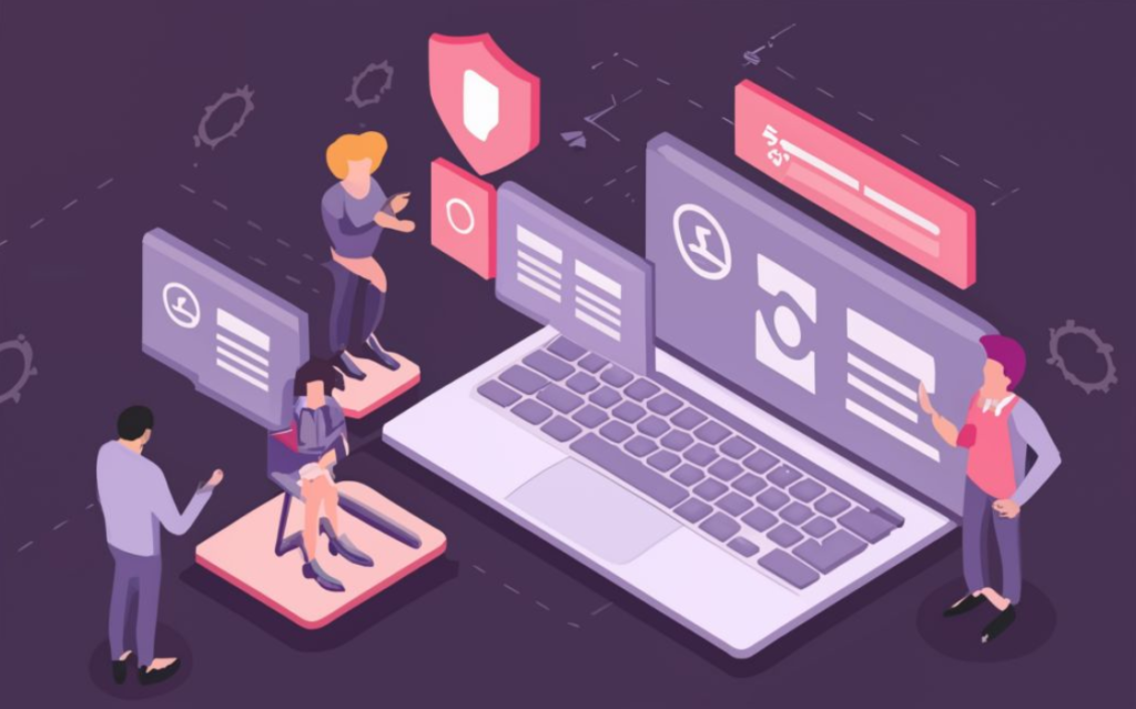 Isometrische illustratie van vier mensen die interactie hebben met extra grote digitale apparaten die cyberbeveiliging en wachtwoordbeveiliging symboliseren.