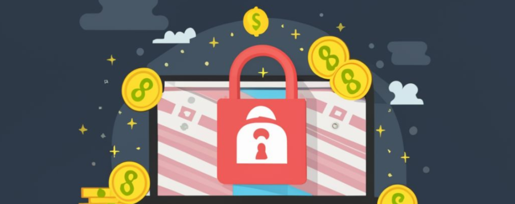 Illustratie van een rood slot op een computerscherm omringd door zwevende gouden munten met dollartekens, die online veiligheid en financiële bescherming symboliseren tegen hackpogingen die zich op bedrijven richten voor losgeld.
