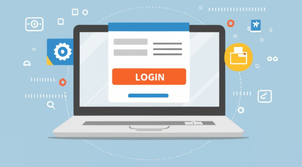 Illustratie van een laptop met daarop een inlogformulier met een oranje knop "Inloggen", omgeven door pictogrammen die verschillende digitale tools en diensten vertegenwoordigen op een lichtblauwe achtergrond, met tips voor cloudbeveiliging.