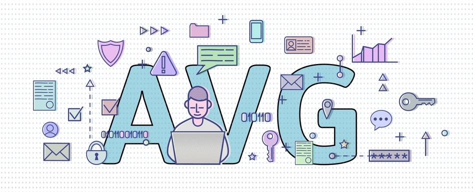 Illustratieve banner met de letters 'avg' omringd door verschillende digitale en kantoorgerelateerde iconen, met een centrale figuur die een laptop gebruikt, en benadrukt de Top 10 cybersecurity-trends voor 2024.