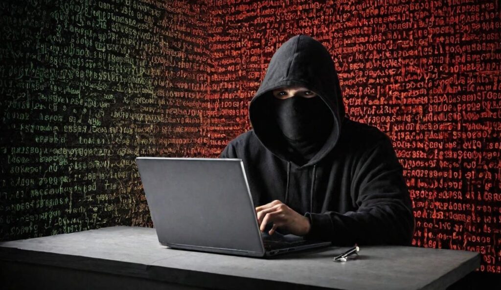 Een persoon in een zwarte hoodie en masker die een laptop gebruikt, gericht op cyberbeveiliging met digitale code op de achtergrond.