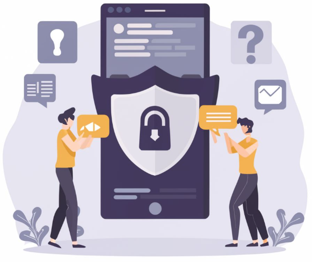 Twee mensen communiceren met een grote smartphone met een schildpictogram, symbool voor cyberveiligheid, omgeven door verschillende communicatiepictogrammen.