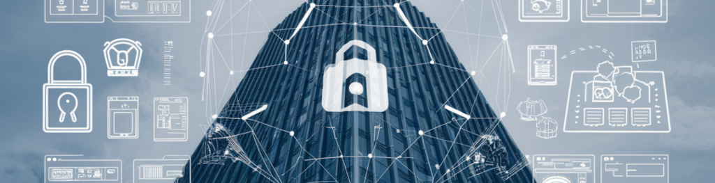 Een wolkenkrabber versierd met digitale beveiligingspictogrammen, waaronder een hangslot, is doorweven met lijnen om gegevensbescherming en cyberveiligheid te benadrukken in een tijd waarin hacken steeds belangrijker wordt.