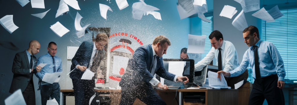 Kantoorpersoneel in een chaotische omgeving, omringd door rondvliegende papieren en een kapot scherm, terwijl collega's op de achtergrond haastig werken vanwege vermoedens van hacking.
