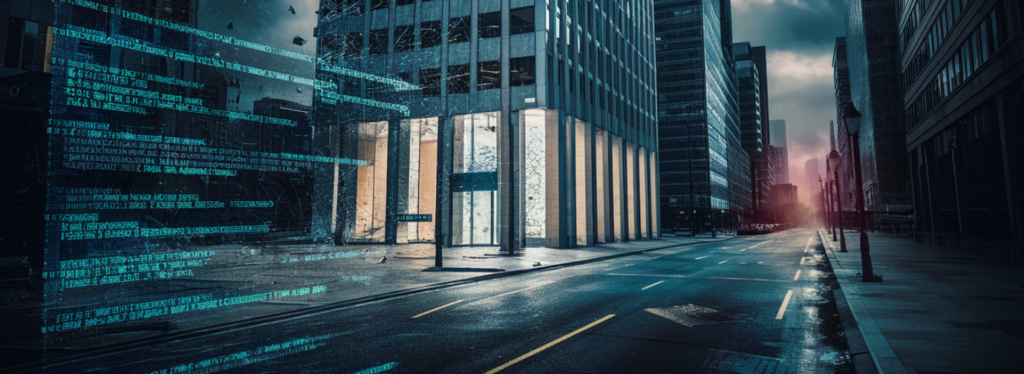 Op een stadsstraat bij zonsondergang zie je een skyline van hoge gebouwen onder een bewolkte hemel, terwijl aan de linkerkant een oplichtende digitale code verwijst naar een onzichtbare wereld van hacking onder het oppervlak.