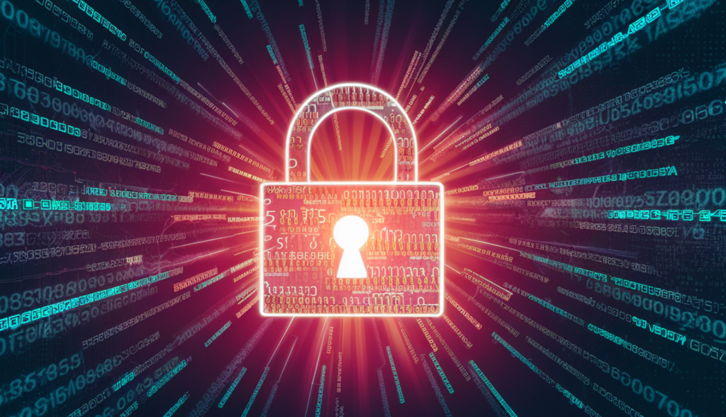 Een oplichtend digitaal hangslot omgeven door binaire code symboliseert cyberveiligheid. Het vormt een barrière tegen hacking en zorgt voor een robuuste gegevensbescherming.