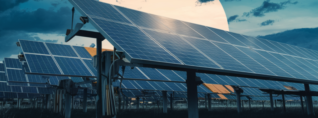 Zonnepanelen op een veld onder een bewolkte hemel, die gebruikmaken van de energie van de ondergaande zon, roepen een harmonieuze combinatie van natuur en technologie op. Het is alsof ze de oneindige hulpbronnen van de planeet hacken voor duurzame energie.