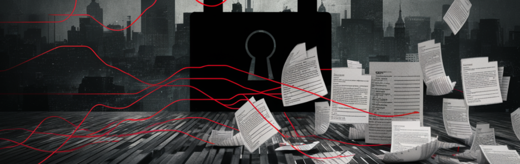 Het silhouet van een groot slot tegen een stadsgezicht, met verspreide documenten en rode lijnen erdoorheen, roept de gespannen wereld van cyberbeveiliging en hackingdreigingen op.