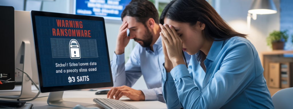 Twee mensen kijken gestrest naar een computerscherm waarop een hackerwaarschuwing en een ransomware-waarschuwingsbericht verschijnen.