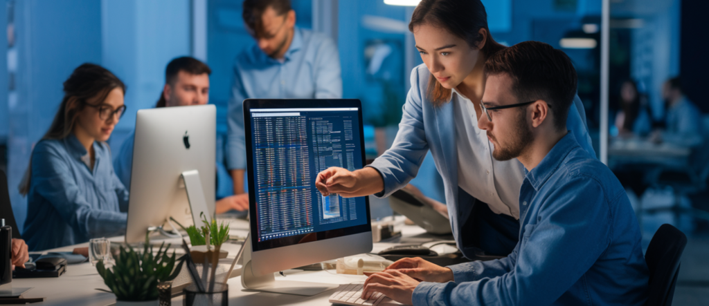 In een druk kantoor werken mensen samen aan computers. Een vrouw wijst naar een scherm met gegevens en leidt haar team met een precisie die doet denken aan een expert in hacken.