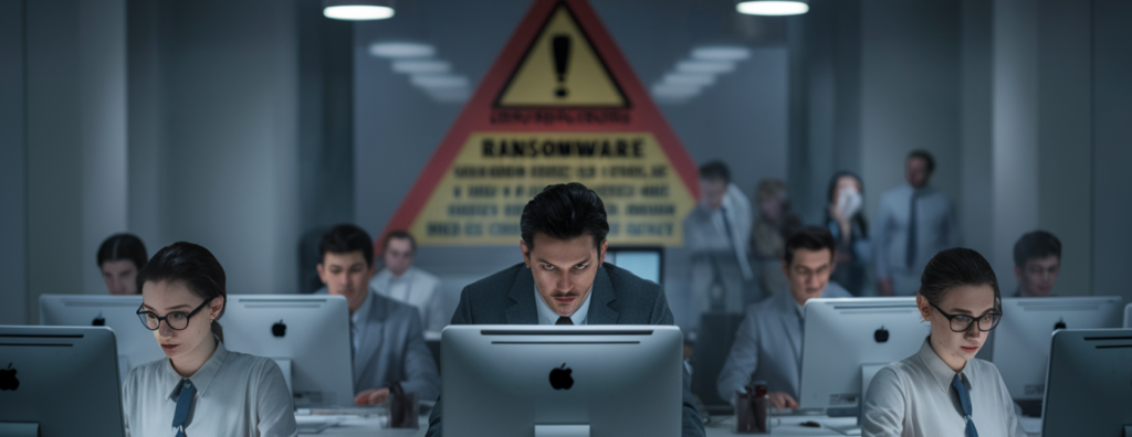 Een groep geconcentreerde mensen werkt aan bureaus met computers in een kantoor. Een waarschuwingsbord over ransomware en hacking is zichtbaar op de achterwand.