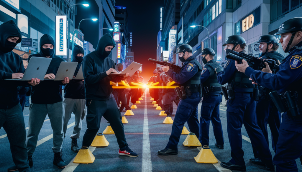 Demonstranten in hoodies, die zich voordoen als een digitale voorhoede, gebruiken laptops om te hacken terwijl ze tegenover een politielinie staan met helmen en wapens. Ze worden gescheiden door oranje verkeerskegels op een slecht verlichte stadsstraat 's nachts.