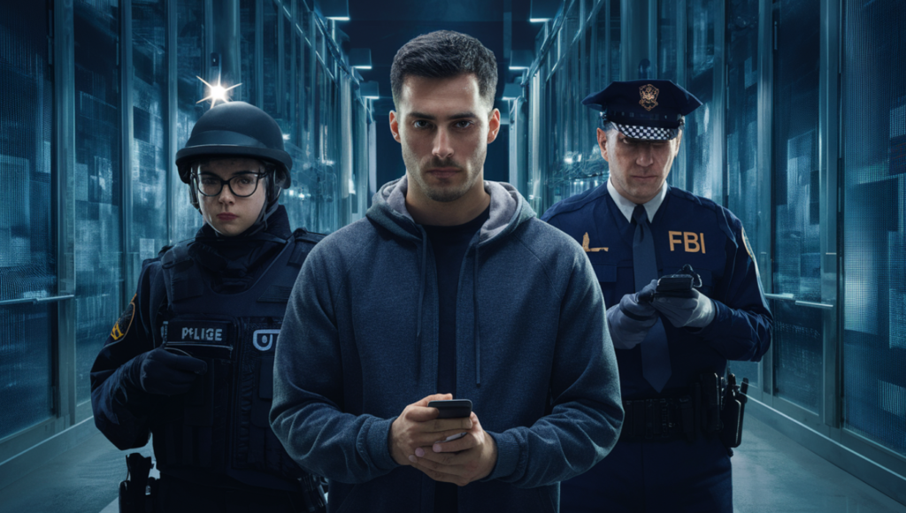 Een man in een grijze hoodie staat tussen een politieagent in uniform en een FBI-agent in een slecht verlichte gang vol technologie. Terwijl ze zich allemaal concentreren op hun mobiele apparaten, hangt er spanning in de lucht, wat wijst op een hackingoperatie met hoge inzetten die zich voor hun ogen afspeelt.