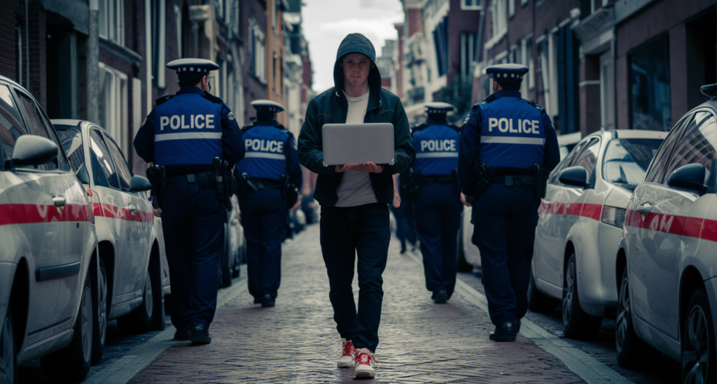 Een persoon loopt over straat met een laptop in zijn hand, omringd door politieagenten en geparkeerde politieauto's, alsof hij net uit een hackerssituatie komt.