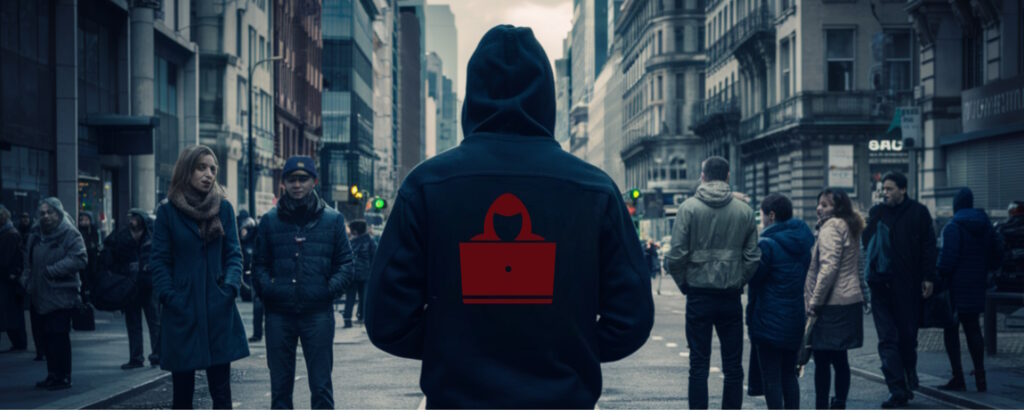 Een persoon in een donkere hoodie staat midden op een stedelijke straat, die het mysterie van een hacking-raadsel belichaamt, omringd door mensen die in tegengestelde richtingen lopen. Gebouwen staan langs de straat onder een bewolkte lucht.