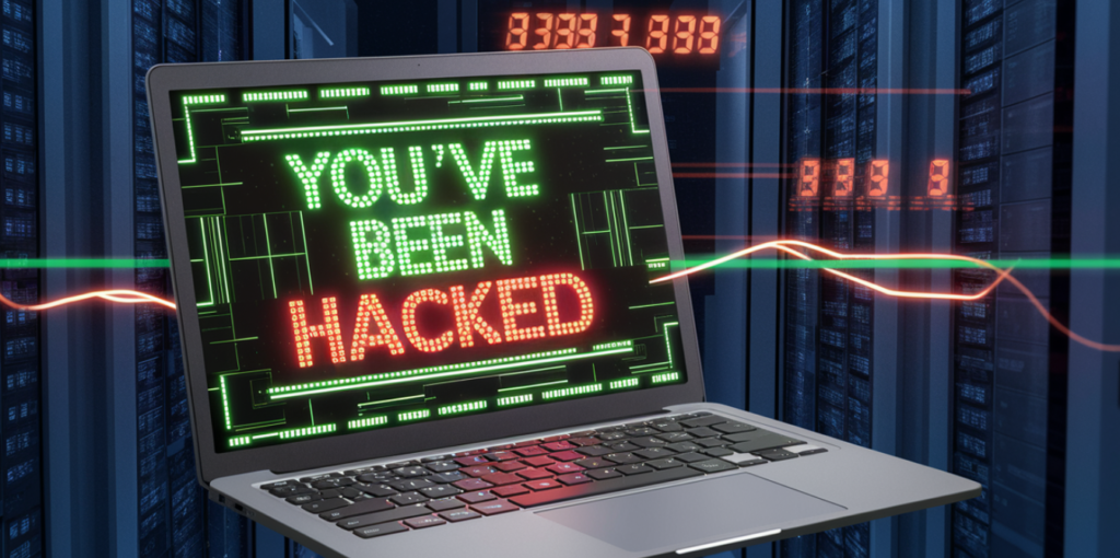 Op een laptopscherm staat huiveringwekkend "YOU'VE BEEN HACKED", de felle groene en rode tekst die door een digitaal ontwerp heen priemt, dreigend omgeven door serverracks. Deze scène onderstreept de zeer reële dreiging van hacken in de hyperverbonden wereld van vandaag.