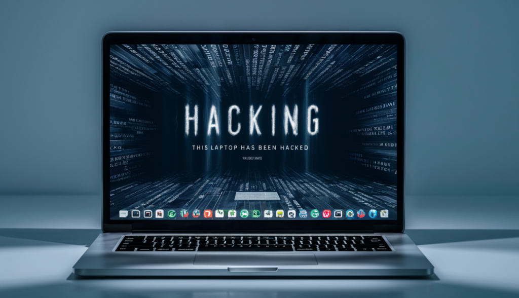 Een laptopscherm toont het onheilspellende woord "HACKING" tegen een digitale achtergrond, met de boodschap "This laptop has been hacked" onheilspellend weergegeven. Verschillende applicatie-iconen staan onderaan deze gecompromitteerde interface.