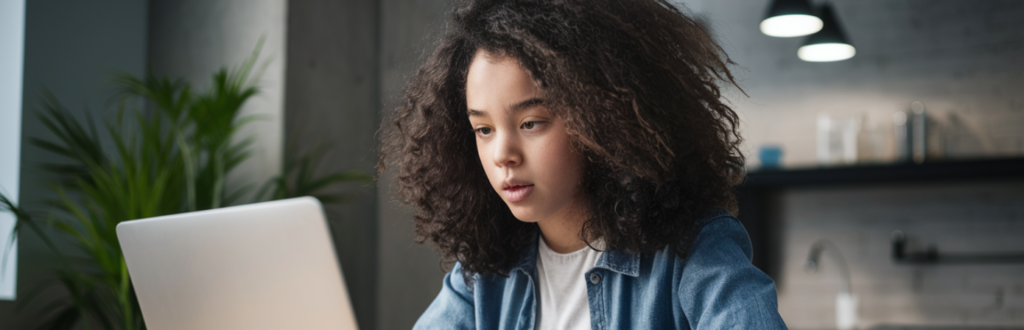 Een persoon met krullend haar zit geconcentreerd achter een laptop, diep in gedachten verzonken, aan een bureau in een moderne kamer met planten en planken, alsof hij de mysteries van het hacken probeert te ontrafelen.