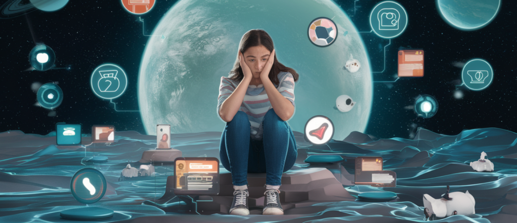 Een persoon zit op een rots in een digitale ruimteomgeving, omringd door zwevende iconen die technologie en verschillende objecten voorstellen. Dit verwijst op subtiele wijze naar de dreiging van sextortion in dit surrealistische cyberlandschap.