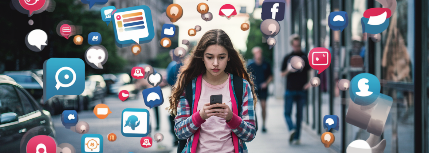 Een persoon loopt door een stadsstraat, verzonken in zijn smartphone. Kleurrijke social media iconen zweven rond, symboliseren de aantrekkingskracht van digitale communicatie, terwijl de loerende schaduwen van cybercriminaliteit ons herinneren aan de verborgen gevaren zoals online chantage en sextortion in onze verbonden wereld.