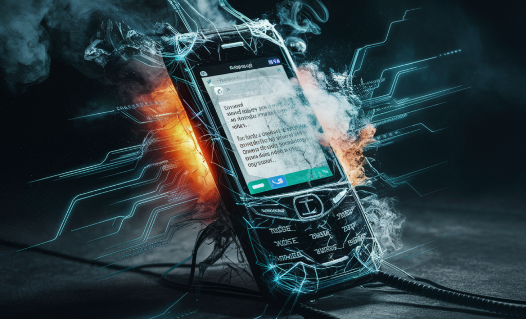 Een mobiele telefoon met een gebarsten scherm is omgeven door vonken en vlammen, en toont een tekstbericht. Ondanks de chaos zorgt het sterke beveiligingssysteem voor veiligheid door 2FA te vereisen voor toegang.