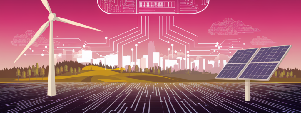 Illustratie van een windturbine en een zonnepaneel voor de skyline van een stad, met circuitachtige patronen die ze met elkaar verbinden tegen een roze lucht. Dit symboliseert de integratie van hernieuwbare energie en cyberveiligheid in de evoluerende energiesector.