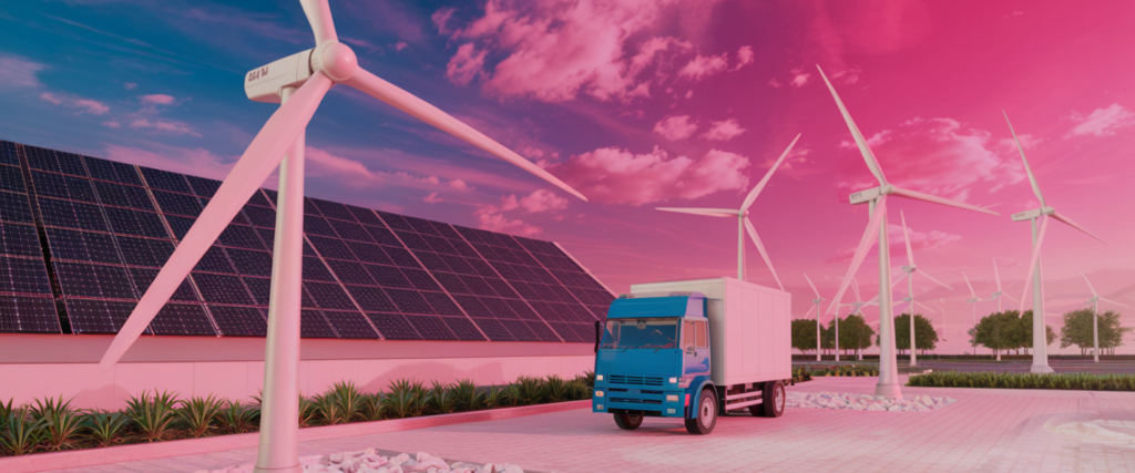 Een vrachtwagen staat geparkeerd bij zonnepanelen en windmolens, onder een roze lucht, symbool voor de veranderende energiesector.