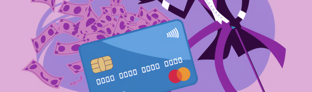 Illustratie van een persoon in een paars pak met een hoge hoed, zwaaiend met een creditcard te midden van zwevende dollarbiljetten. De paarse achtergrond voegt een zweem van mysterie toe, en nodigt kijkers uit om de intrigerende wereld van creditcardfraude te ontdekken.