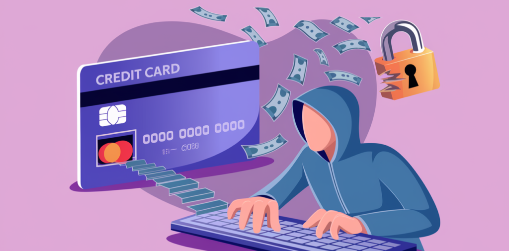 Illustratie van een gekapte figuur bij een toetsenbord, met geld dat uit een creditcard stroomt en een hangslot in de buurt, wat de handeling van creditcardfraude levendig weergeeft. Deze scène nodigt kijkers uit om de duistere wereld van digitale diefstal en hacking te ontdekken.