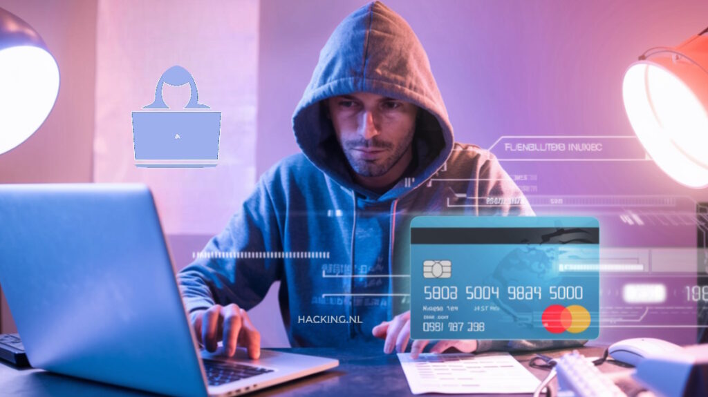 Een persoon in een hoodie die een laptop gebruikt, met daarop een digitale creditcard en een hackericoon, wijst op de ontdekking van mogelijke creditcardfraude.