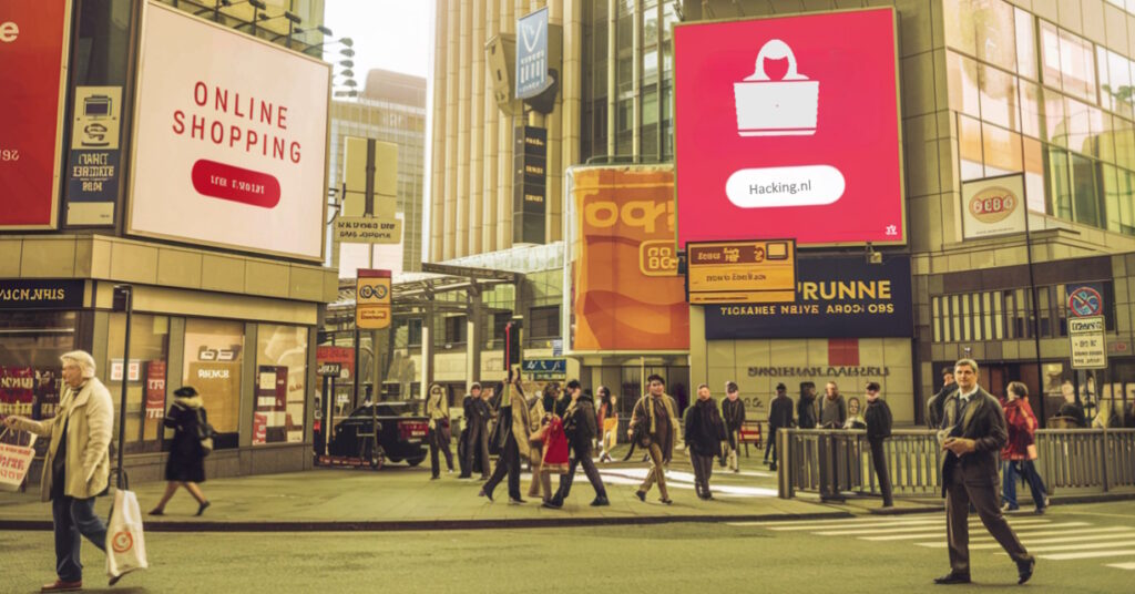 Een drukke stadsstraat heeft verschillende grote digitale advertenties die veilig online winkelen promoten. Voetgangers lopen onder een zonnige hemel, met verschillende borden en hoge gebouwen op de achtergrond, die een levendig stedelijk leven weerspiegelen.