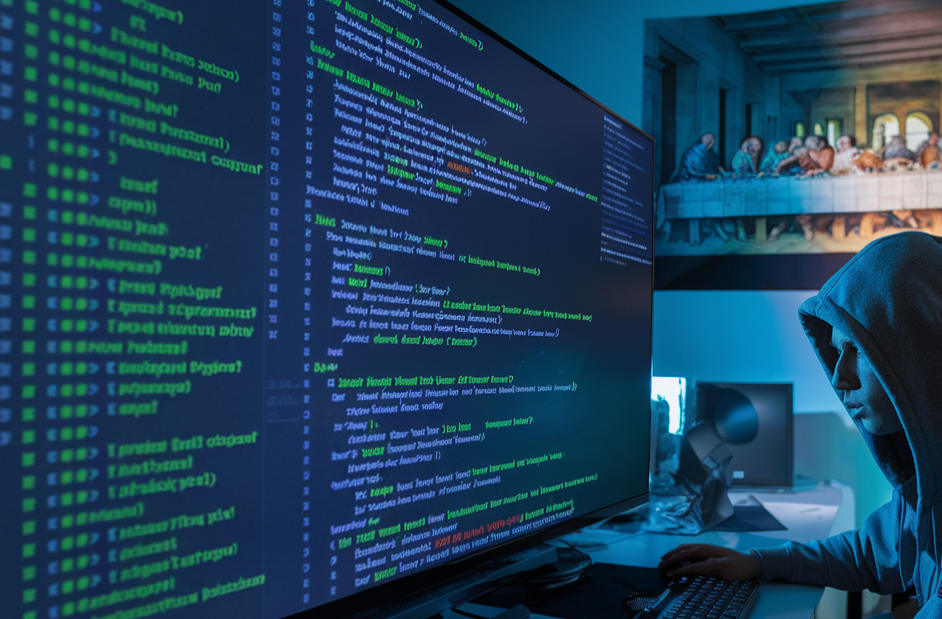 In een slecht verlichte kamer zit iemand in een hoodie achter een computer waarop code wordt weergegeven die te maken heeft met cyberbeveiliging. Hij is vooral bezig met het voorkomen van ransomware-aanvallen.