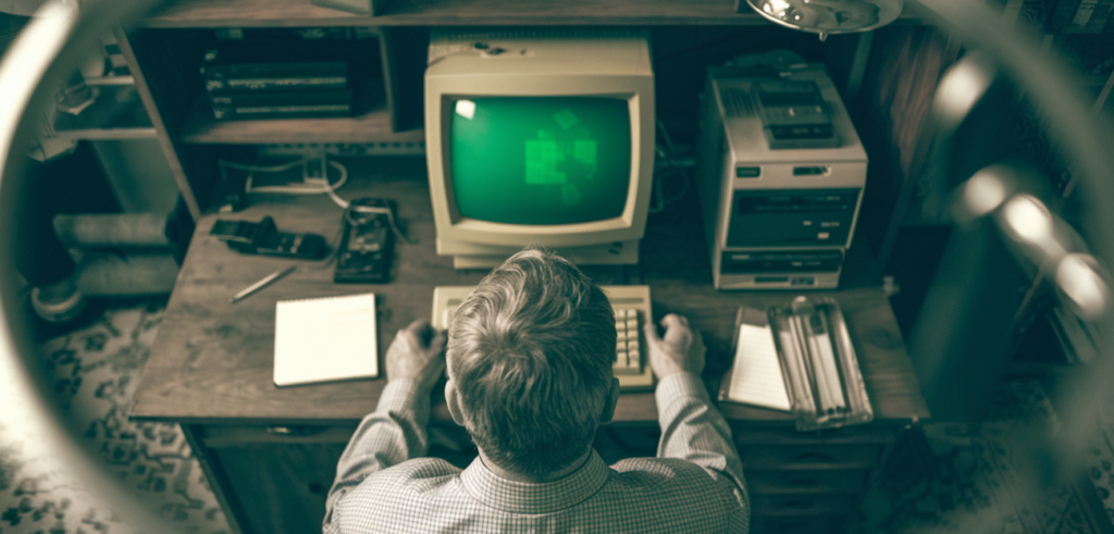 Een persoon zit aan een bureau, dat doet denken aan een scène uit het tijdperk van Kevin Mitnick, en gebruikt een oude computer met een groen scherm. Kantoorartikelen en vintage elektronica creëren een nostalgische werkplek voor hackers.