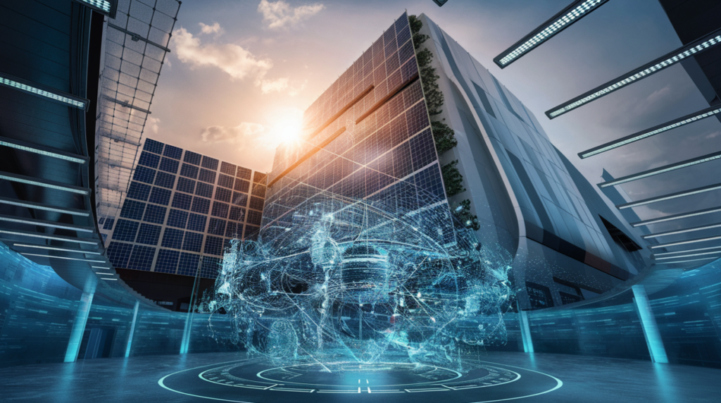 In een hightechruimte projecteert een digitaal hologram futuristische beelden. Omringende gebouwen, versierd met zonnepanelen en groene muren, glinsteren onder de heldere hemel. Te midden van deze geavanceerde setting verstoren fluisteringen over hacken de naadloze digitale interface.