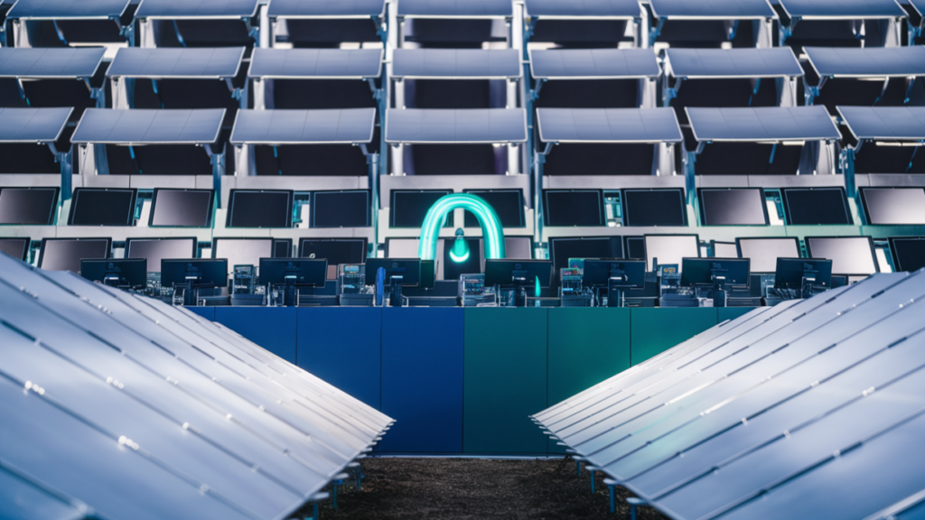 Een futuristische controlekamer met meerdere schermen en zonnepanelen gonst van de energie, terwijl een opvallende, neongroene boog in het midden staat en een uitstraling creëert die doet denken aan een hightech hackershol.