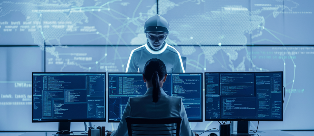 Een persoon aan een bureau met meerdere monitoren die code weergeven, verzonken in een hacksessie, terwijl een ander erachter staat met een headset op. Op de achtergrond doemt een digitale wereldkaart op, wat duidt op hun wereldwijde bereik.