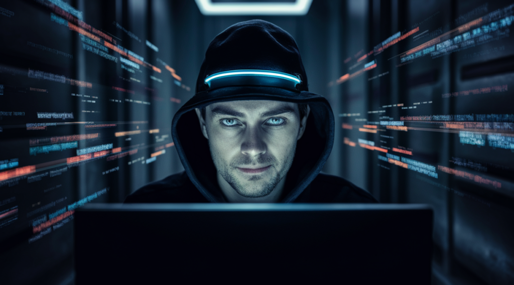 Een persoon in een donkere hoodie zit voor een computerscherm en wordt omgeven door stromen digitale code, die de geheime wereld van het hacken belichaamt.