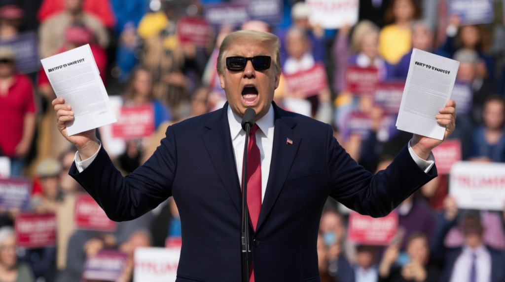 Een man in pak en met een zonnebril spreekt vol passie over hacken tijdens een bijeenkomst, met in elke hand een papieren papier vastgeklemd, terwijl een zee van borden en een gretig publiek aandachtig luistert.